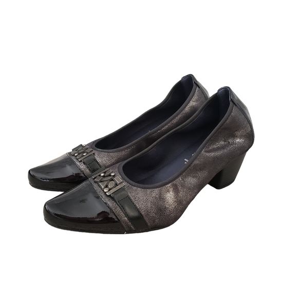 DorKing by Fluchos Leather Pointed Toe Low Heel Shoes in Black & Metallic - Picture 1 of 12